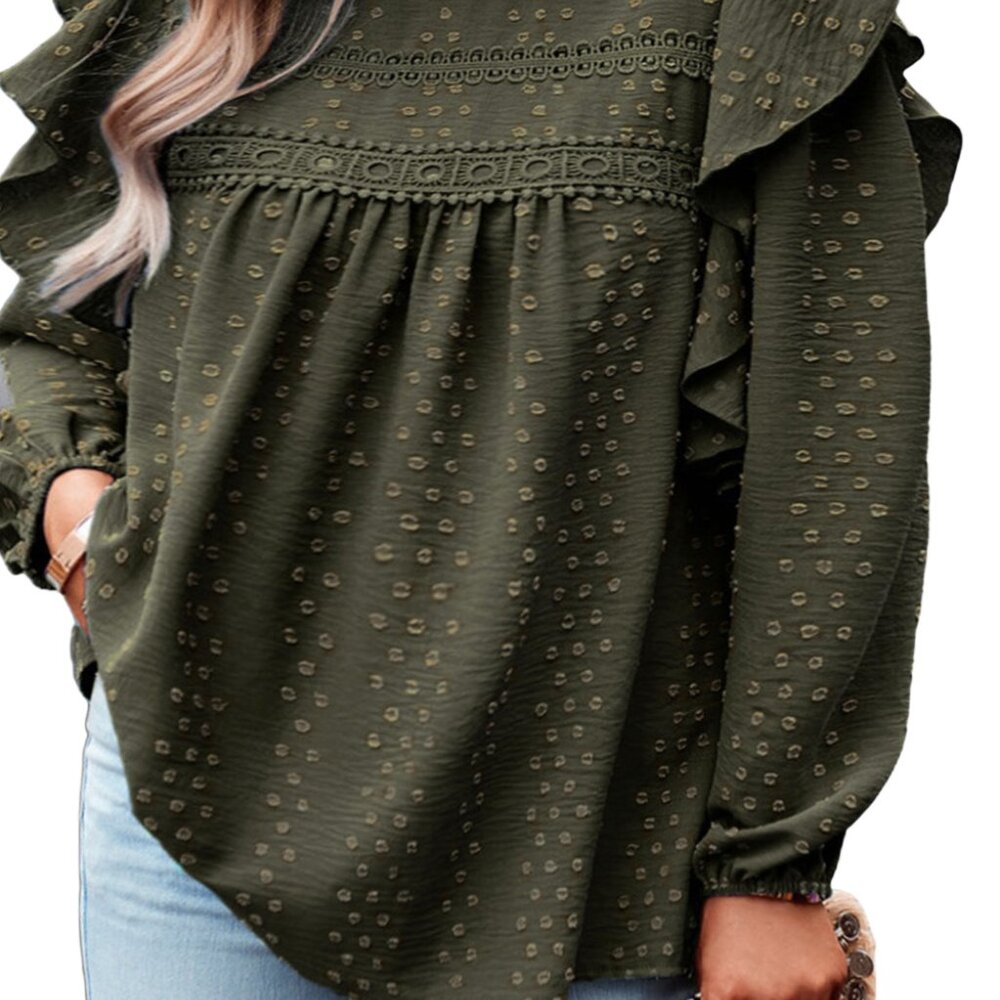 Army Mist Green Plus Lace Swiss Dot Ruffle Long Sleeve Blouse